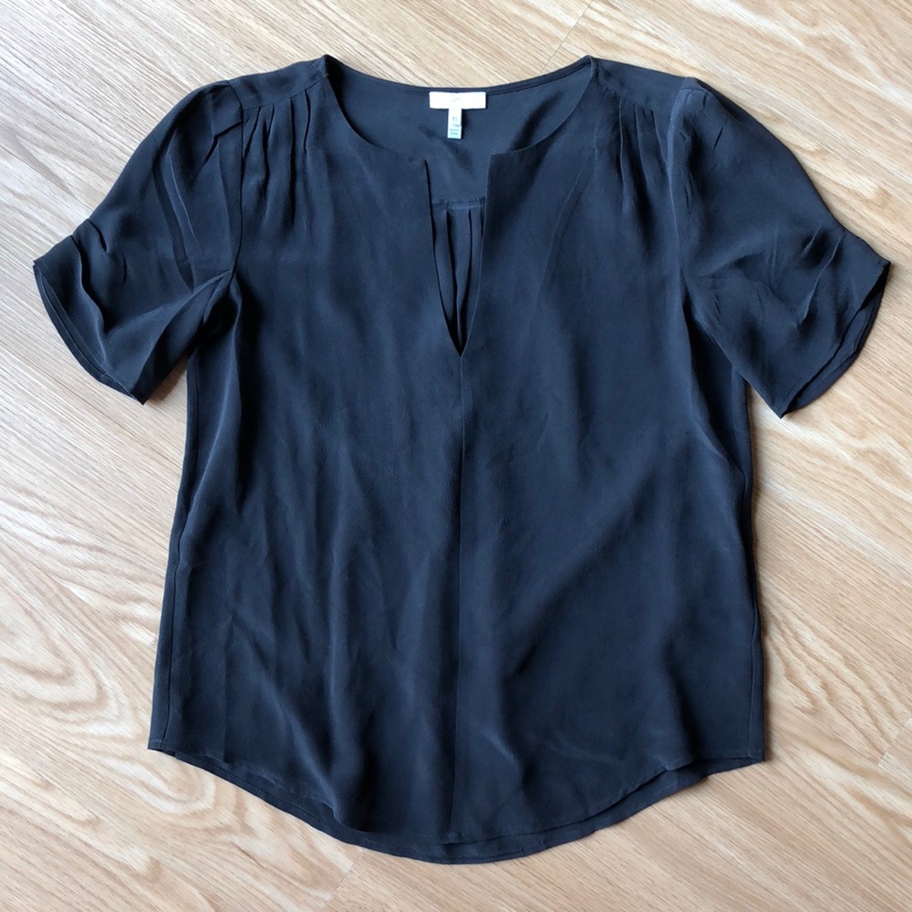 JOIE 100% Silk Crepe Pleated Blouse, Black XS